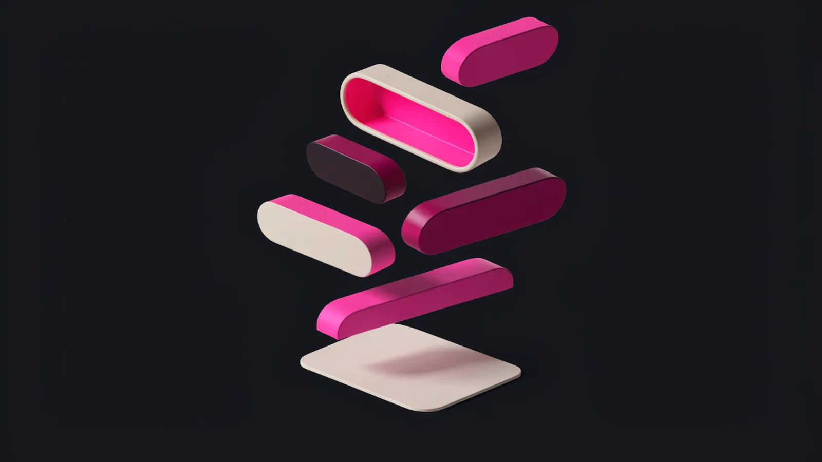 Ilustração em 3D de balões de mensagem arredondados em rosa e creme flutuando sobre um fundo escuro