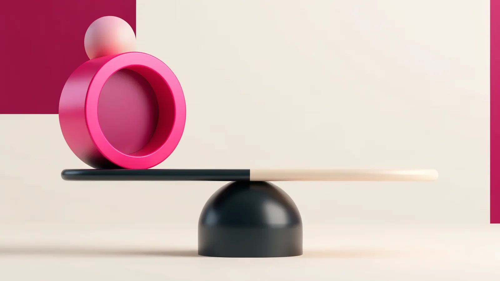 Ilustração 3D de uma gangorra com um cilindro rosa pesando de um lado e o outro lado vazio