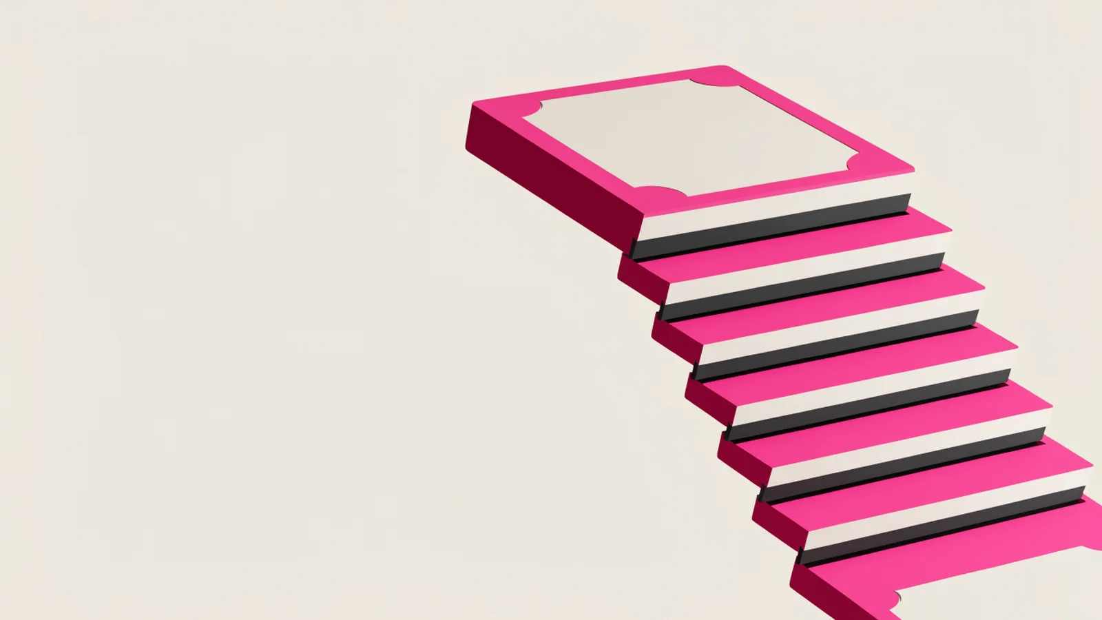 Ilustração 3D de uma escada formada por notas de dinheiro rosa e pretas empilhadas