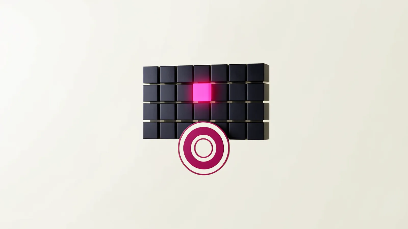 Ilustração em 3D de uma parede de cubos escuros com um único cubo aceso em rosa, e um alvo de círculos concêntricos rosa à frente