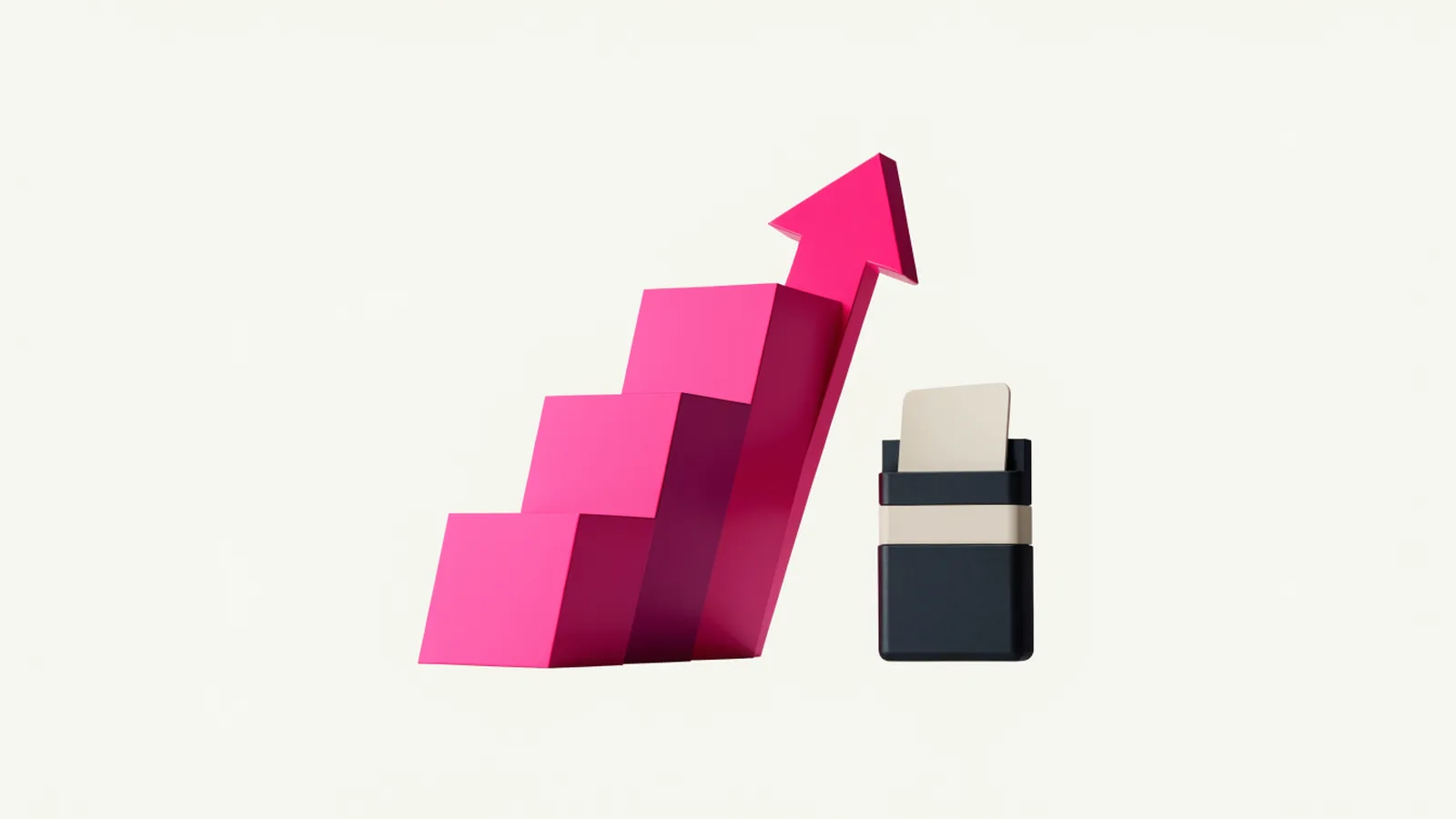 Ilustração 3D de um gráfico de barras rosa em alta com seta para cima, ao lado de uma maquininha escura com cartão