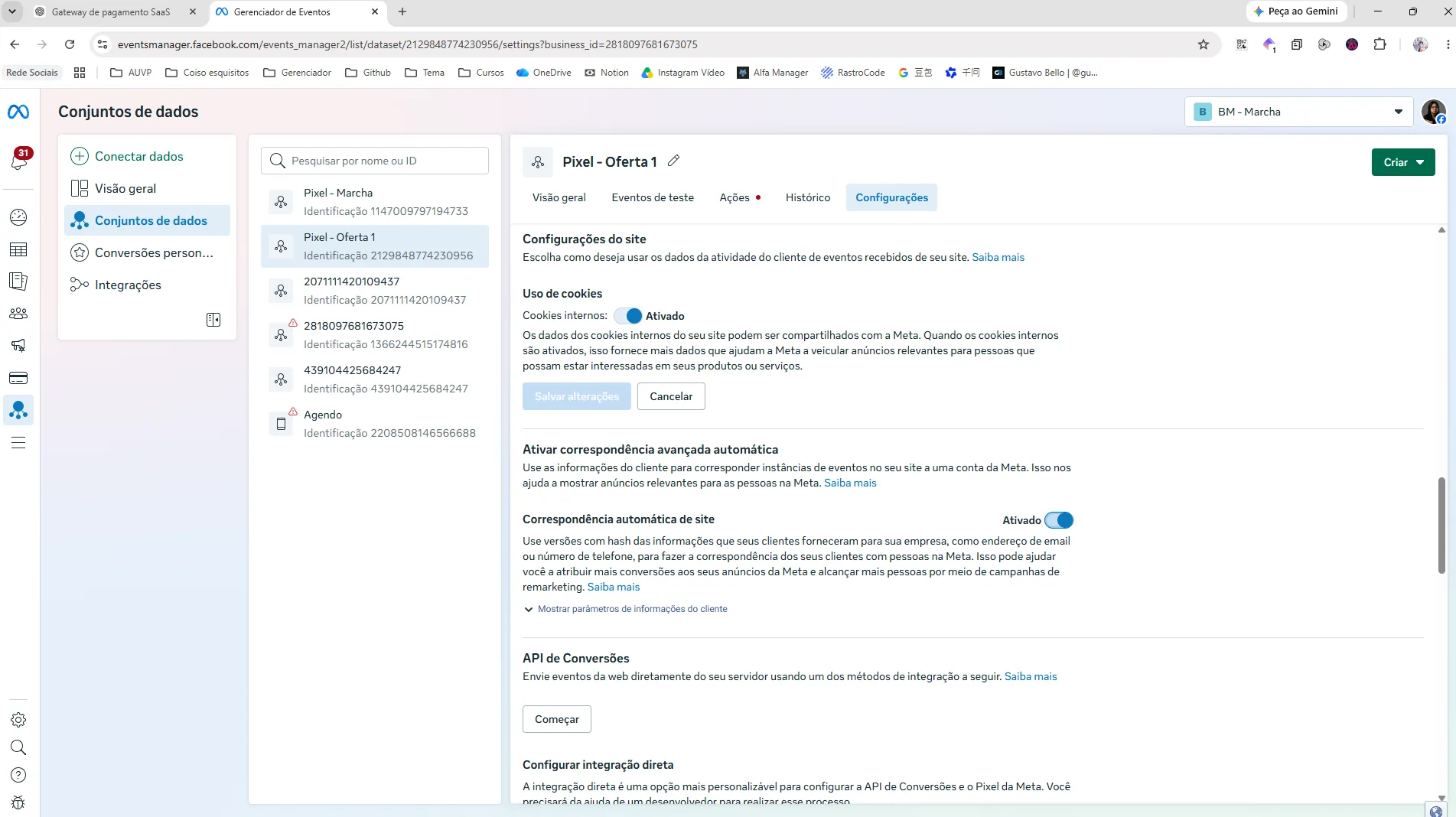 Configurações do site da Meta com cookies internos e correspondência automática de site ativados