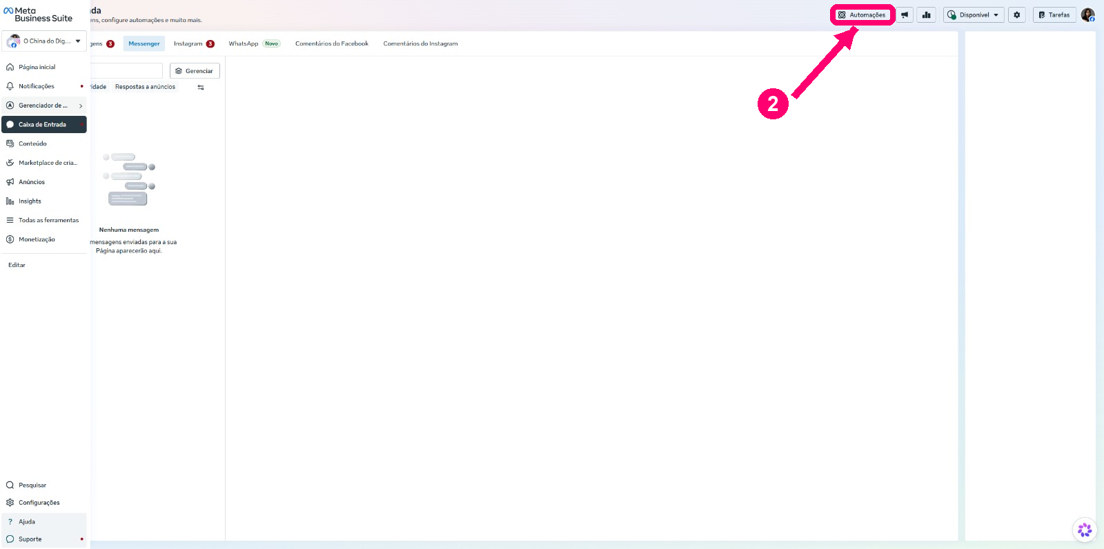 Caixa de Entrada do Meta Business Suite com seta rosa apontando para o botão Automações no canto superior direito