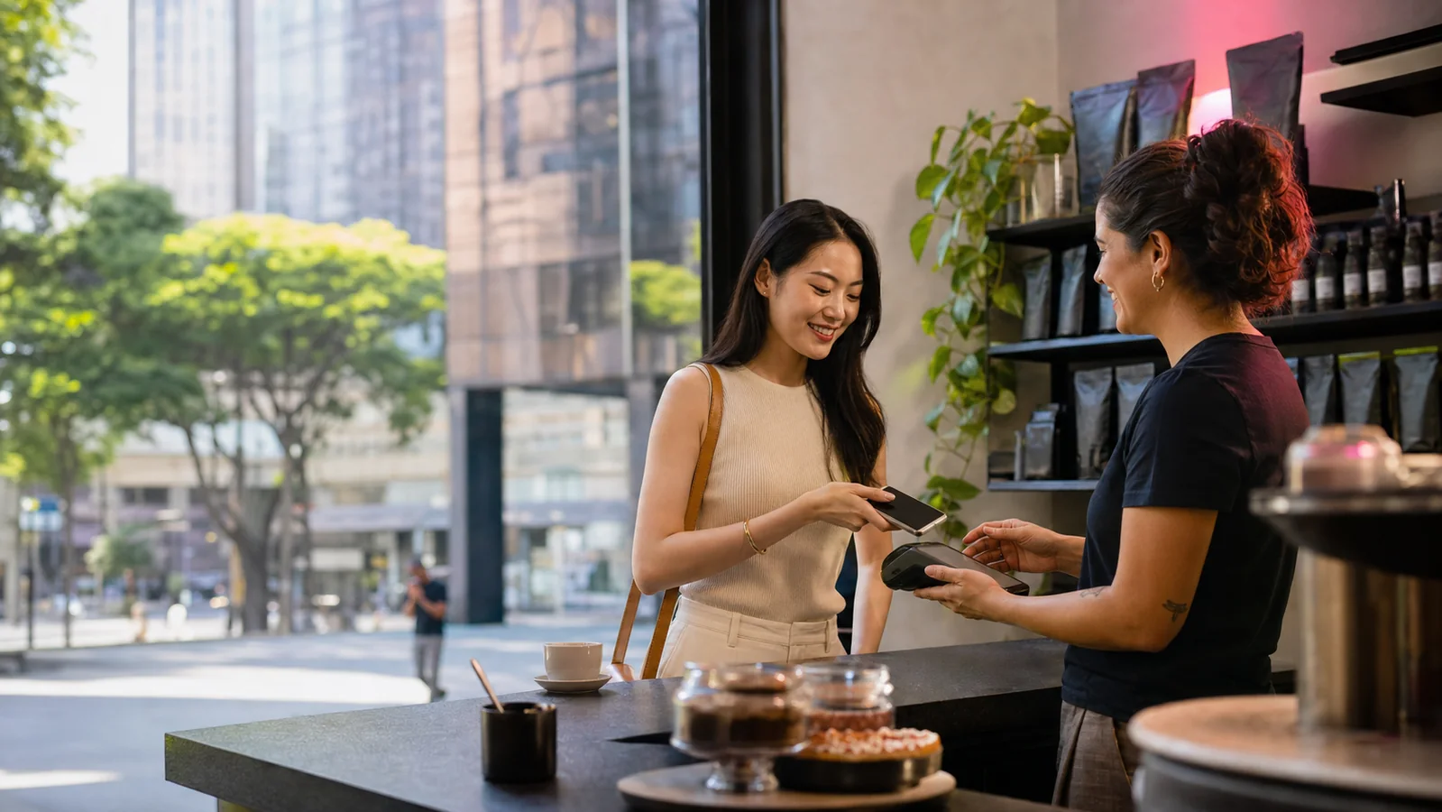 Visitante asiático realizando um pagamento digital em um café de São Paulo, observado por uma comerciante brasileira