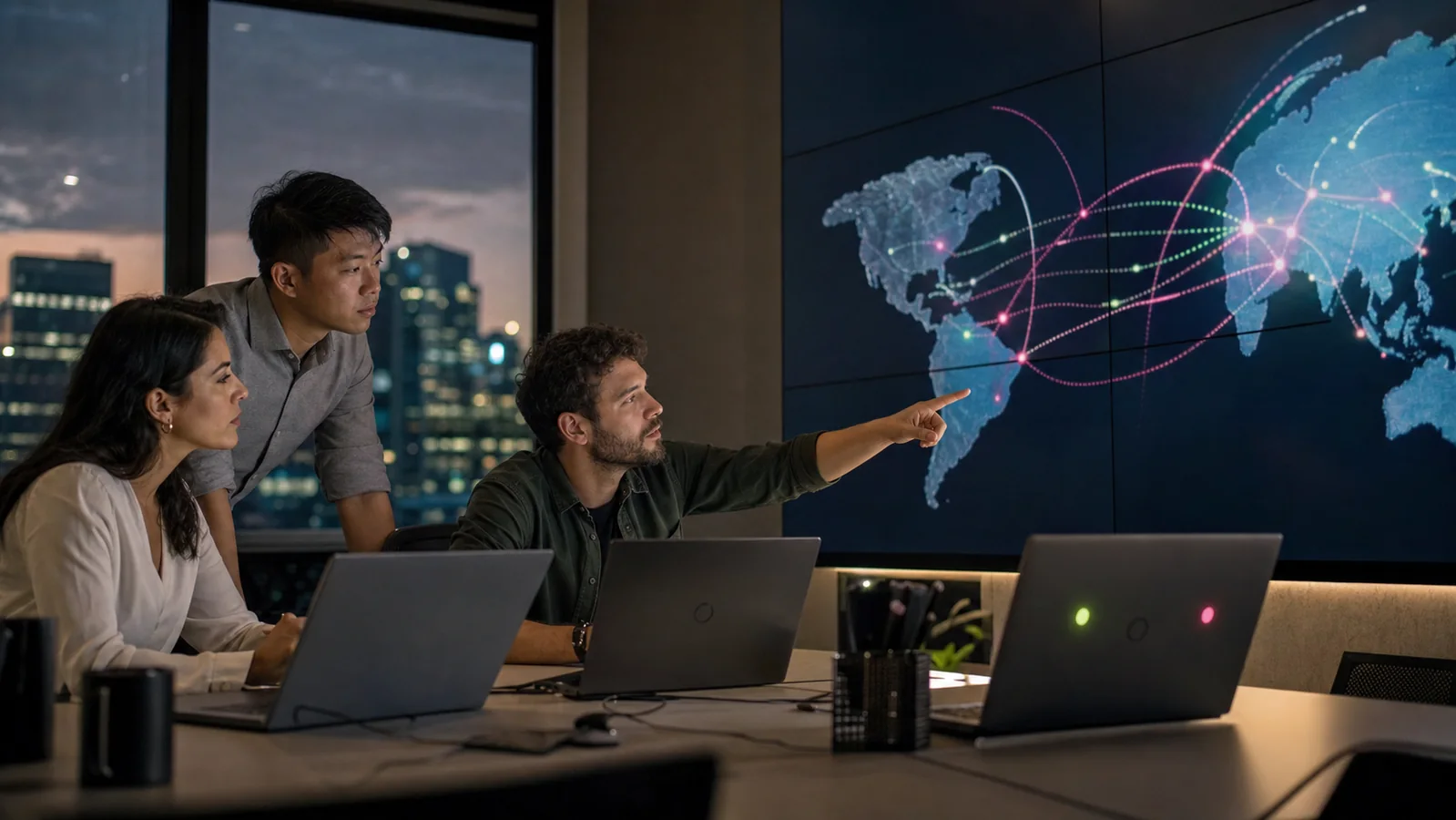 Equipe sino-brasileira de tecnologia financeira analisando uma infraestrutura internacional de pagamentos